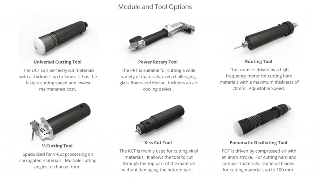 Module and Tool options; Universal Cutting Tool, Power Rotary Tool, Routing Tool, V-Cutting Tool, Kiss Cut Tool, Pneumatic Oscillating Tool