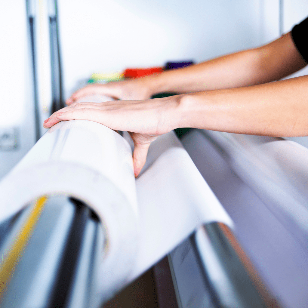 Person rolling up plotter paper on an inkjet plotter